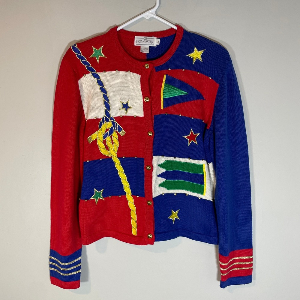 VTG Doncaster Nautical Embroidered Cardigan Sweater M Red Blue Gold Novelty